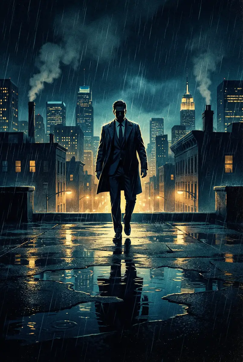 年轻的馊子8HD中文版 出品影片《雨夜独行者》海报，雨中城市屋顶男性剪影